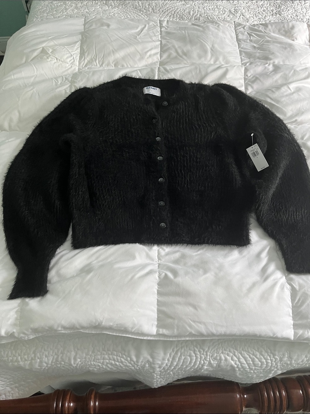 Old Navy Black Fuzzy Button-Front Cropped Cardigan